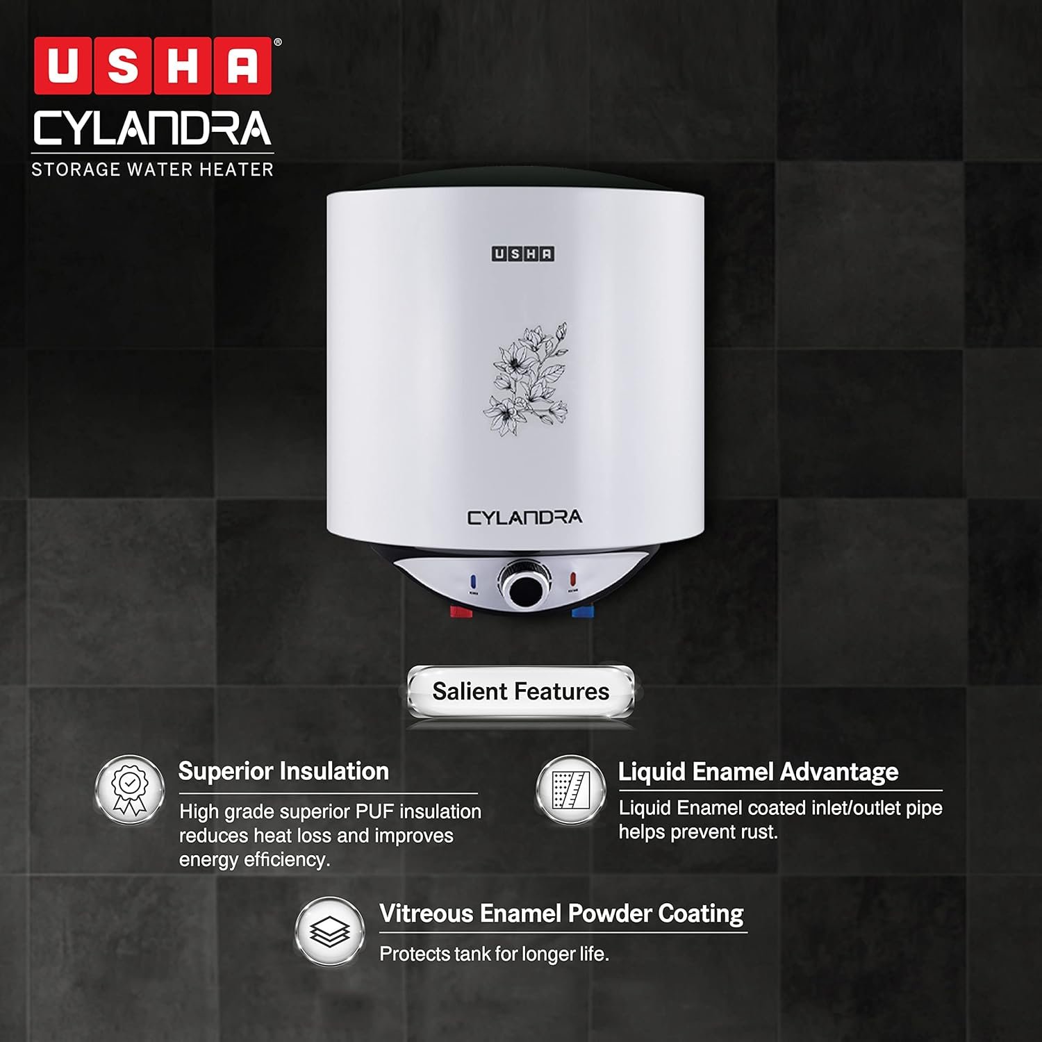 Usha 15 litre electric geyser cylinder for bathroom water heating